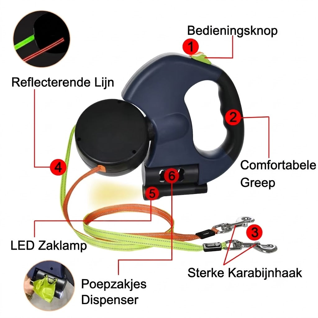 Knoopvrije 360° Dubbele Rollijn met Zaklamp & Poepzakjeshouder